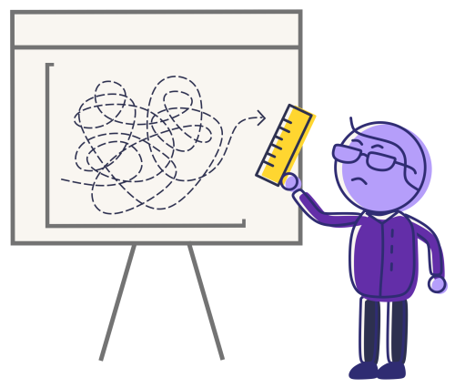 Illustration of a perplexed cartoon character in purple, wearing glasses, holding a ruler, and looking at a complex and messy line chart on a whiteboard, symbolising confusion or complexity in measurement.