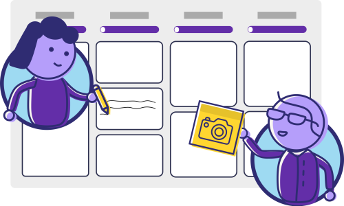 Illustration of two animated characters collaborating on a simplified online outcome map interface design with empty placeholder boxes and muted purple header bars. On the left, a character with purple tones and a ponytail holds a pencil, writing on a placeholder box in the outcome map. On the right, another character wearing glasses holds a yellow sticky note with a camera icon to illustrate photographic evidence, placing it on another placeholder box in the outcome map.