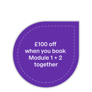 Purple sticker promotes £100 off when you book Module 1 and 2 together.